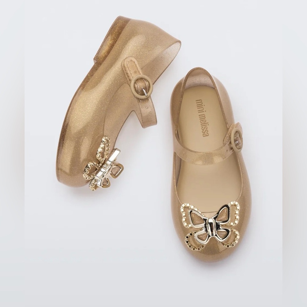 Mini Melissa size 8c toddler girls Sweet Love Butterfly glitter gold jelly shoe